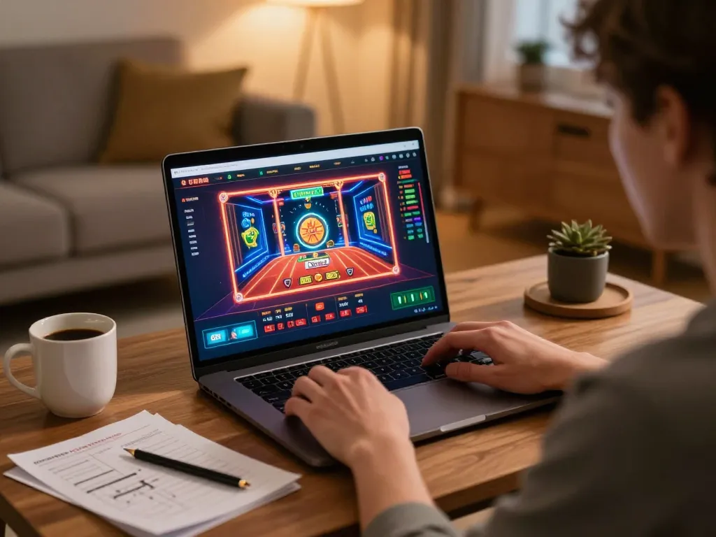 Playing games on TR88 com in a cozy home setup with strategy notes and laptop