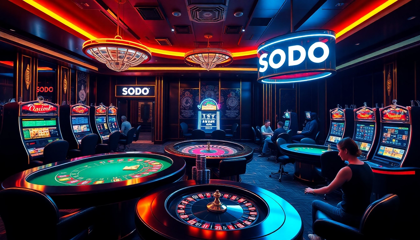 SODO online casino featuring vibrant tables, poker chips, and digital slot machines symbolizing excitement.