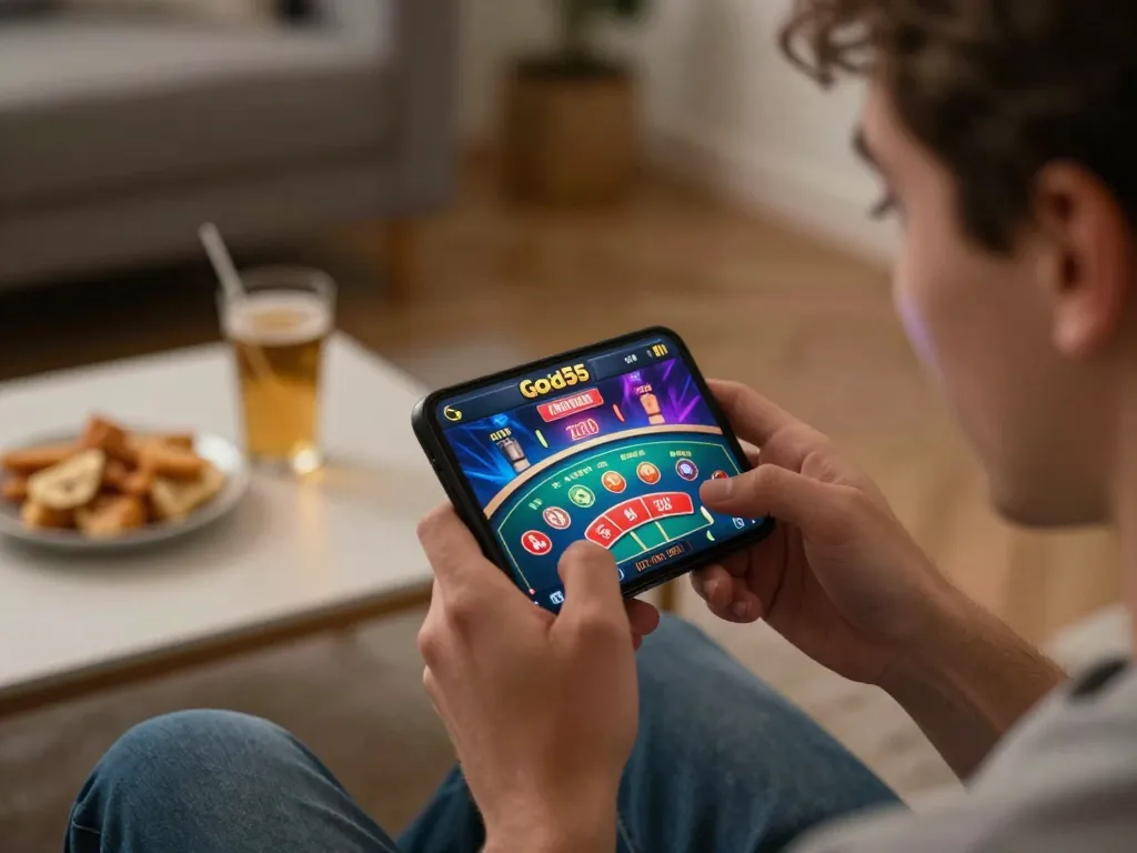 Engage in thrilling gameplay on God55's mobile app showcasing live dealer action.