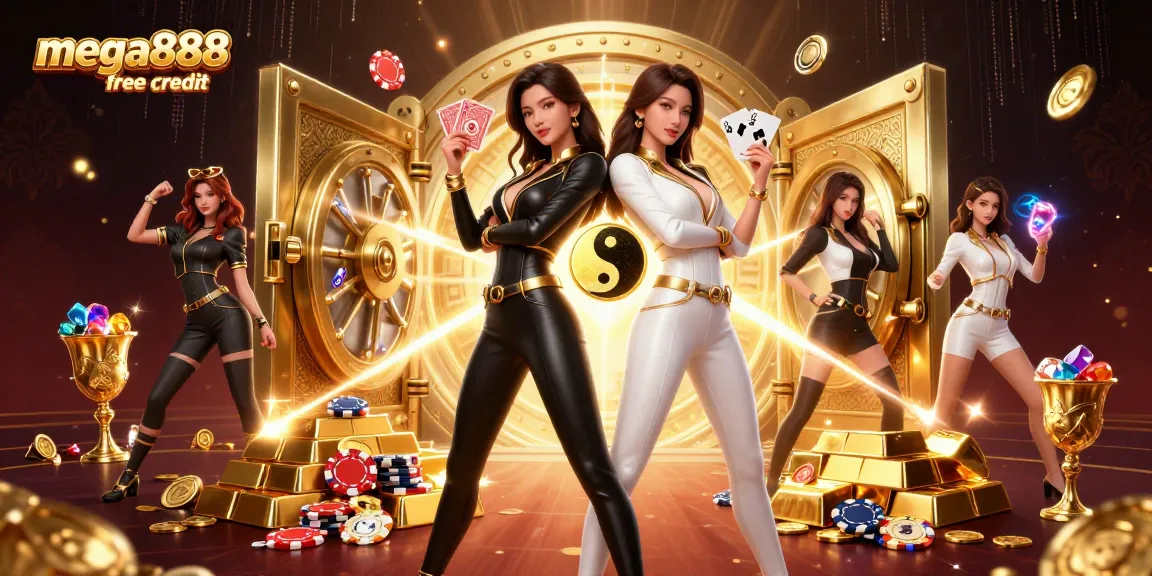 Claim your mega888 free credit with stunning visuals of Asian twins in a dynamic casino setting.