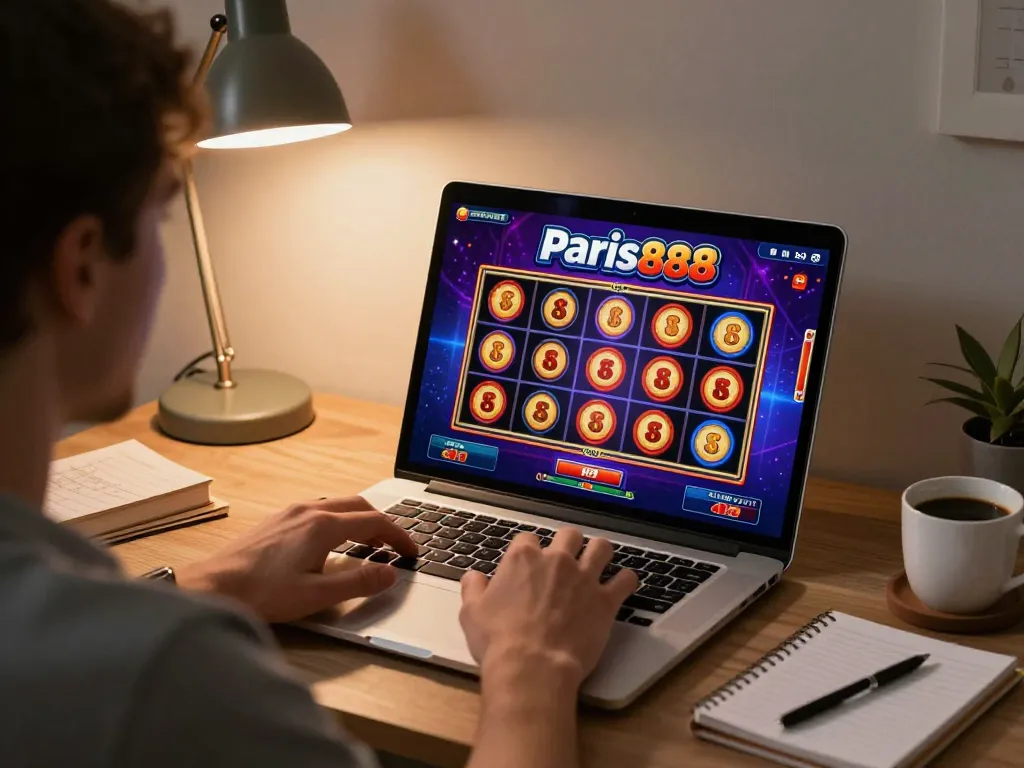 Player engaged with paris888 online slots at home, showcasing excitement and strategy.