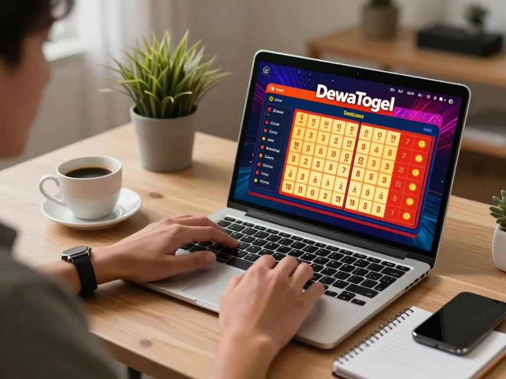 Dewatogel Login Link Alternatif captured as a player engages in online betting at home using a laptop.