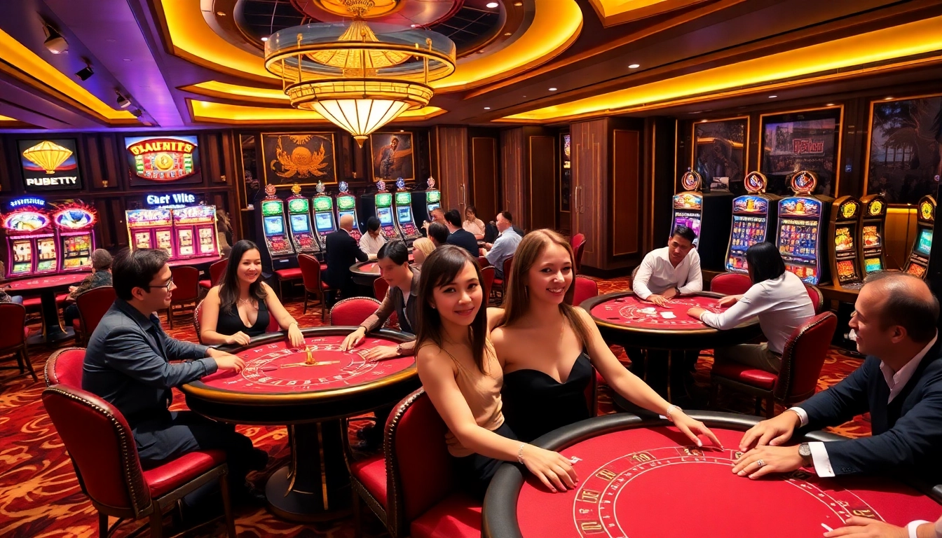 Players enjoying poker and blackjack at the luxurious i9bet casino interior.