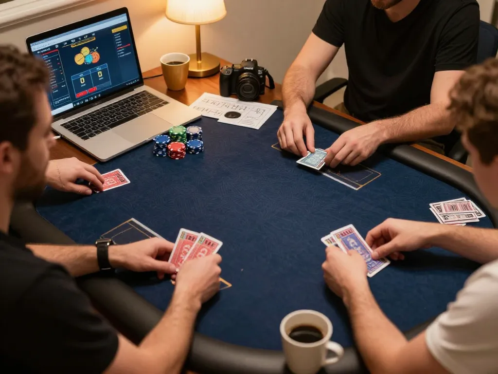 VA88 online poker game setup with players engaged in strategic gameplay at home, showcasing communal atmosphere.