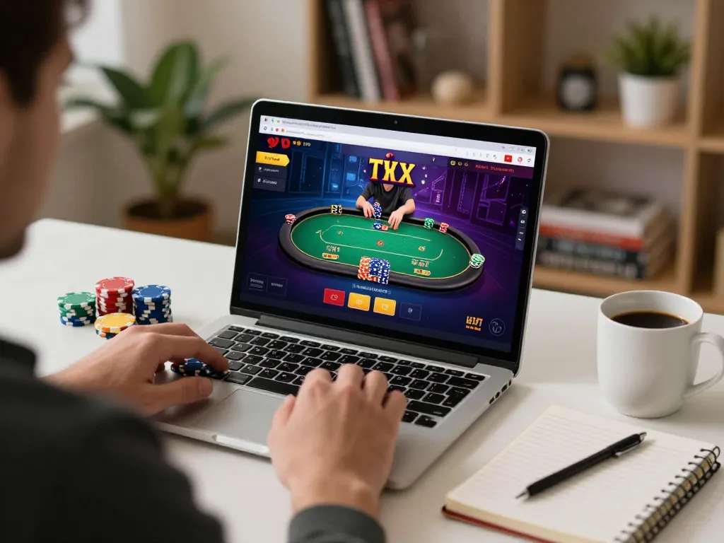 Player engaging with engholmnds online poker game, showcasing casual home gaming environment