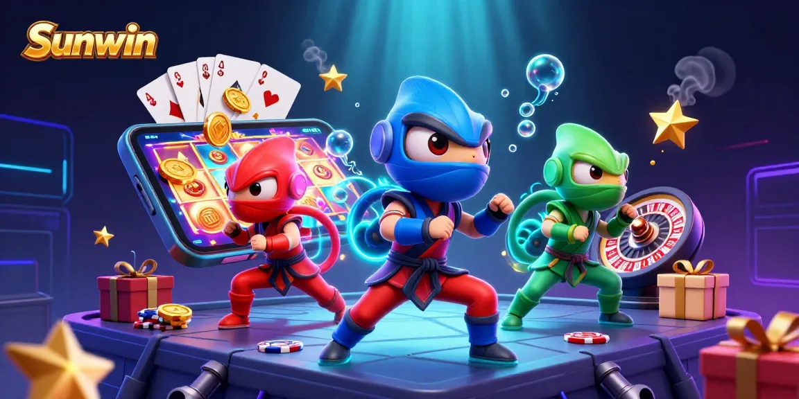 Experience the excitement of Sunwin with dynamic gambling elements in a vibrant 3D casino scene.
