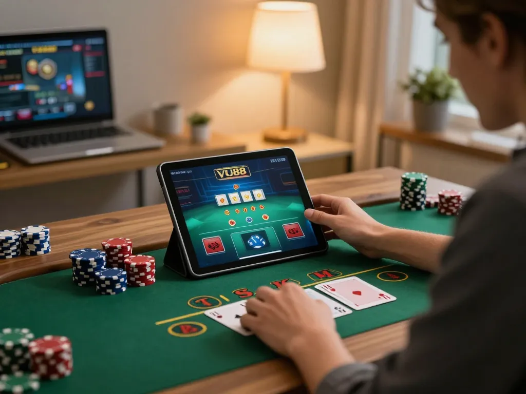 Engaging online gamer at VU88 participating in a live blackjack session with a tablet and poker chips
