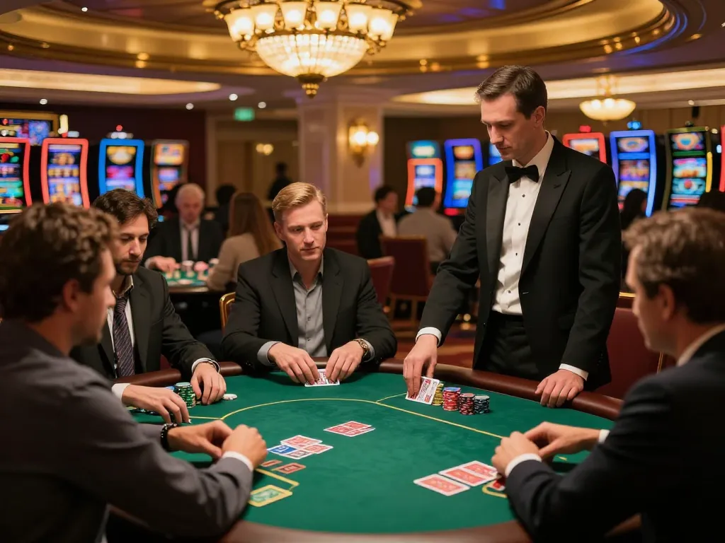 PLANET88 poker players engaged in strategic gameplay at a luxury casino table.