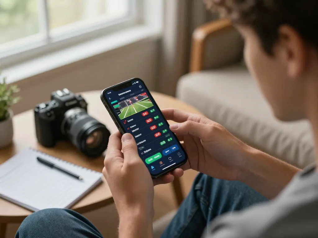 Betting on rikvip with a smartphone in a cozy home setting, showcasing live odds and sports engagement.