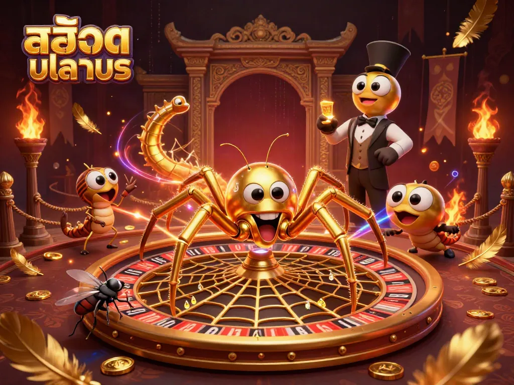 Spin the reels in a visual feast of สล็อตทดลอง with a golden spider and croupier in action.