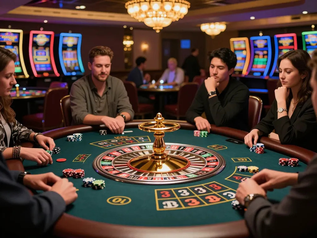 Experience the thrill of a cryptocurrency casino with players at an elegant roulette table.