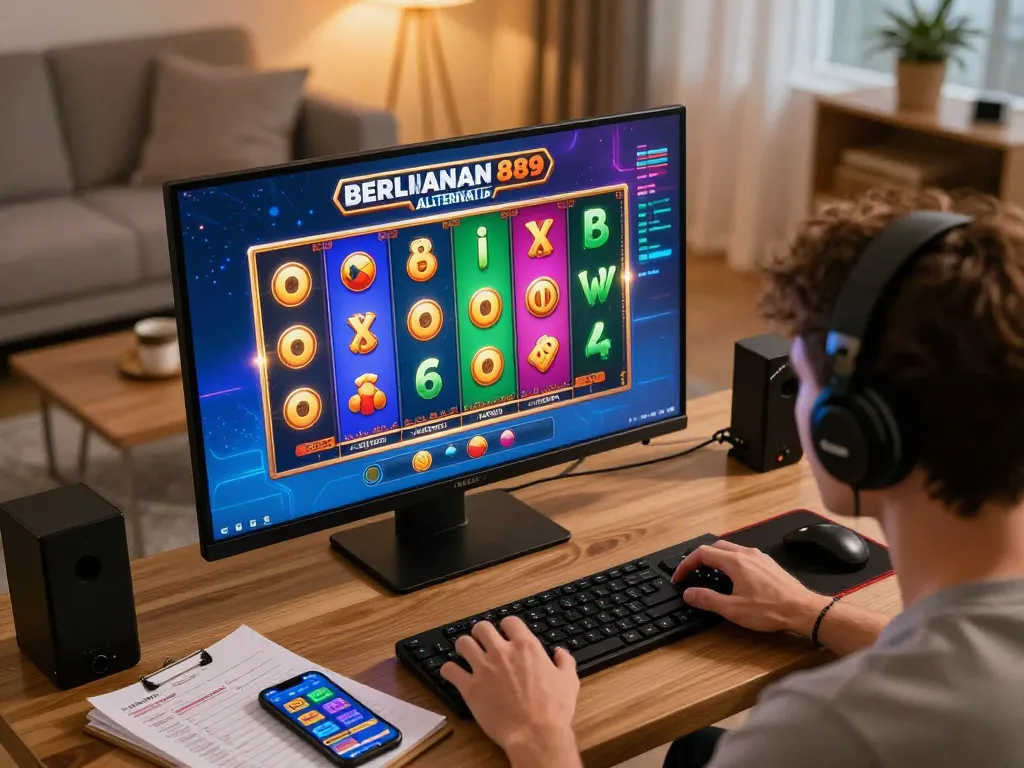 Engaging in an online casino game showcasing BERLIAN889 Alternatif with spinning reels and vibrant graphics.