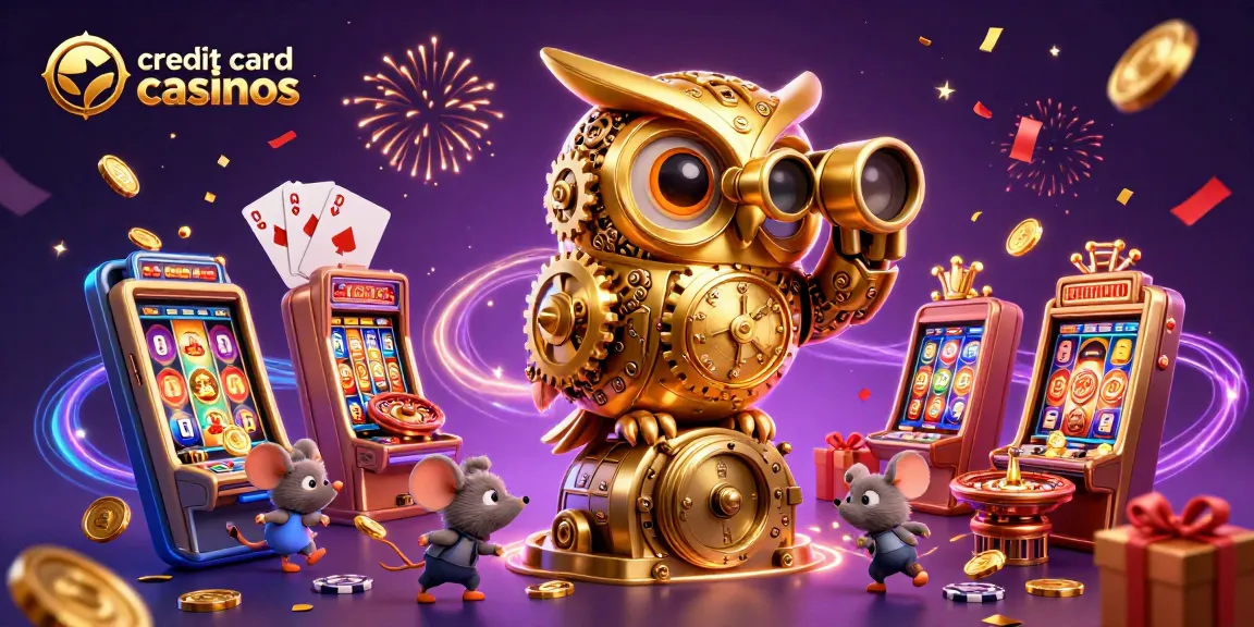 Experience excitement at credit card casinos with a captivating scene depicting an owl and mice amid vibrant casino elements.
