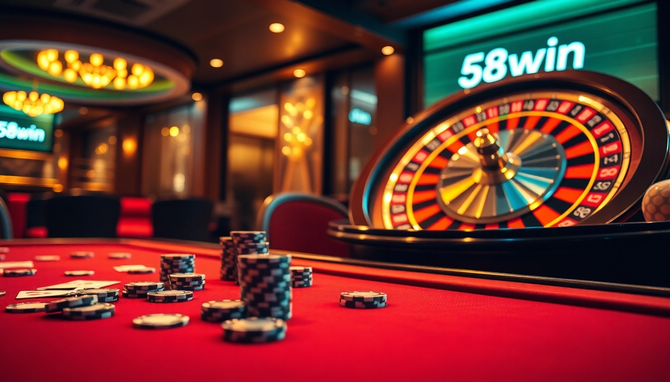 Playing poker at the luxurious 58win casino table surrounded by vibrant chips and a spinning roulette wheel.
