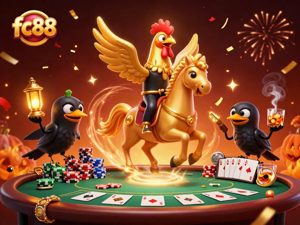 Engage with fc88 through a vibrant casino scene showcasing a golden rooster and dynamic gameplay elements.