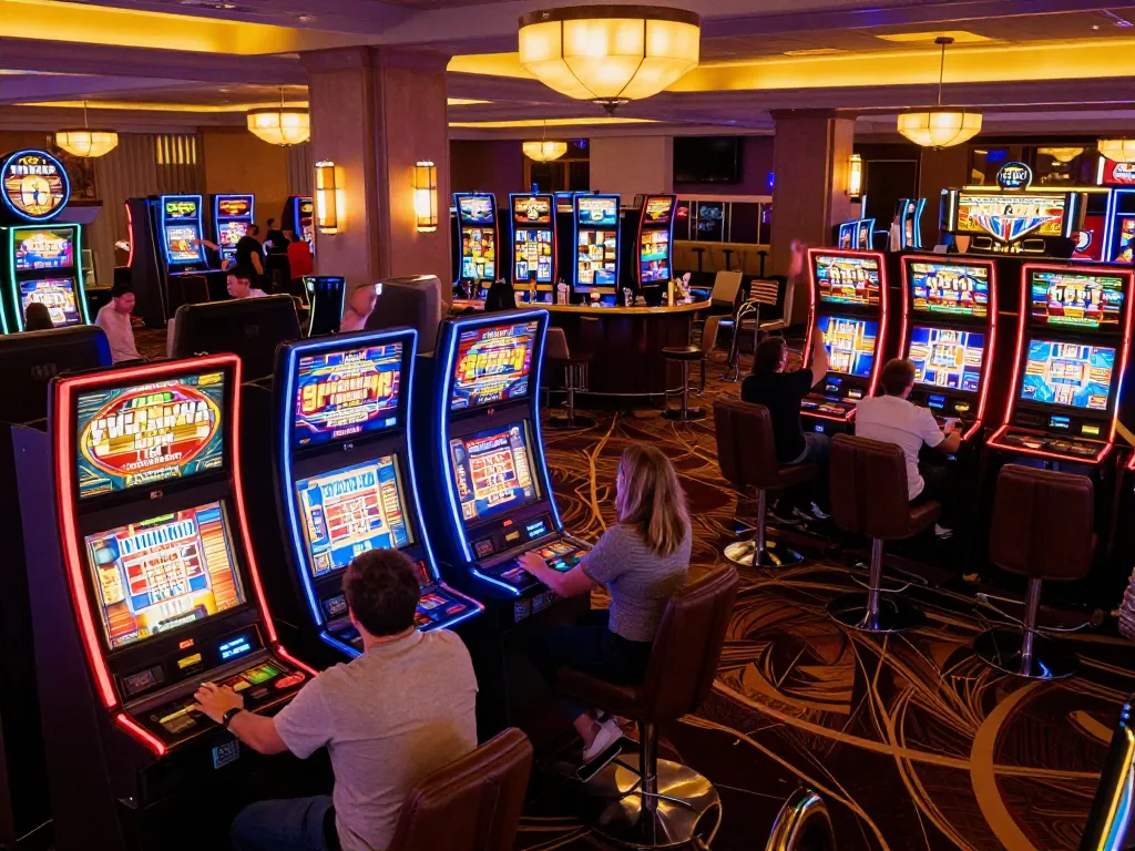Engaged players celebrating wins at Slot Maxwin machines in a vibrant casino atmosphere