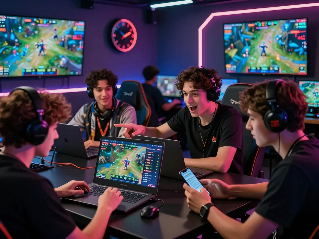 Dynamic esports betting scene showing young gamers analyzing live odds at GGLBET SG for competitive gaming excitement.