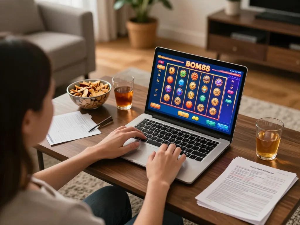 Scene permainan online BOM88 dengan pemain yang sangat fokus pada laptop, menikmati suasana nyaman di rumah