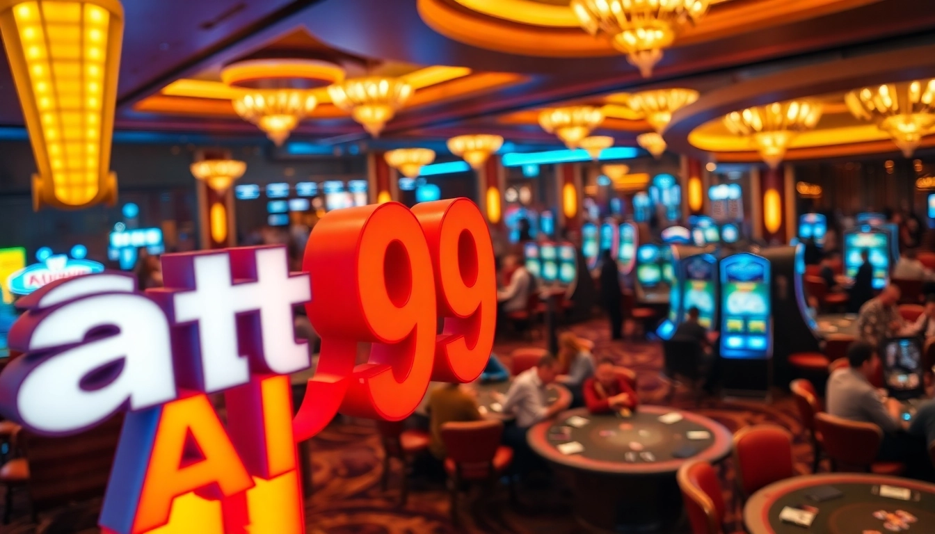 Experience the excitement of AT99娛樂城 featuring an illuminated casino ambiance and vibrant gaming activity.