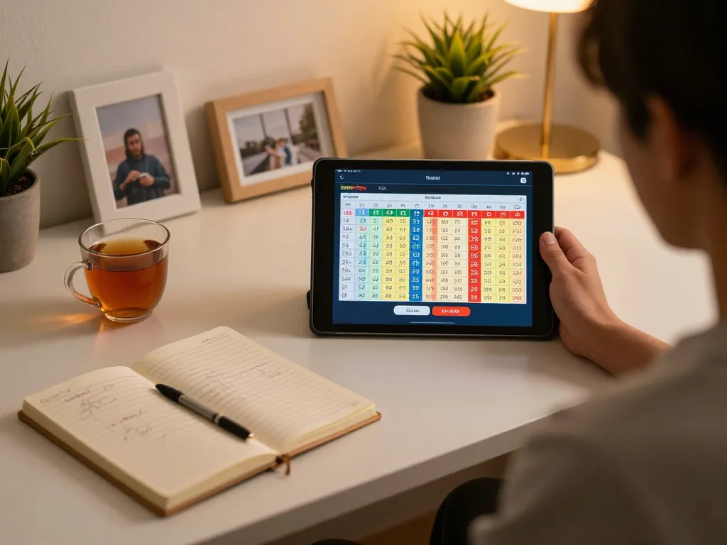 Engaged user checking harga toto on tablet for online gambling strategy in a cozy home setup.