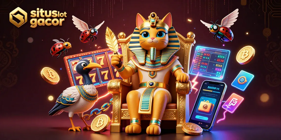 Engage with the situs slot gacor experience, featuring a pharaohcat, crypto coins, and slot elements.