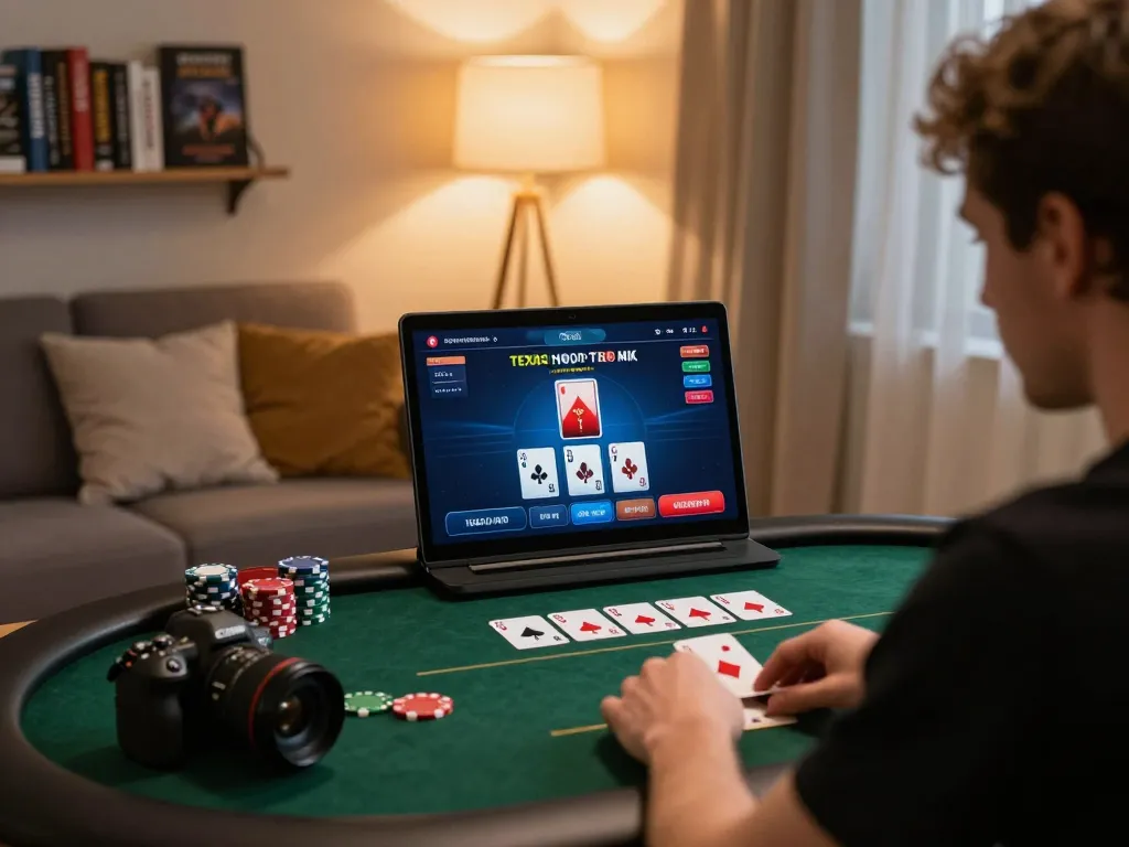 Engage in online poker gameplay with link vào tr88, highlighting strategy and focus in a cozy home setting.