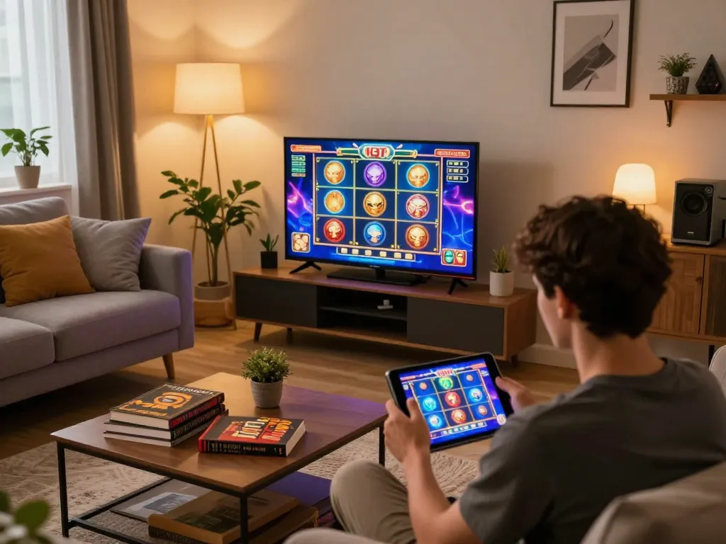 Playing slot online on a tablet in a cozy home setting with vibrant game graphics and strategic notes.