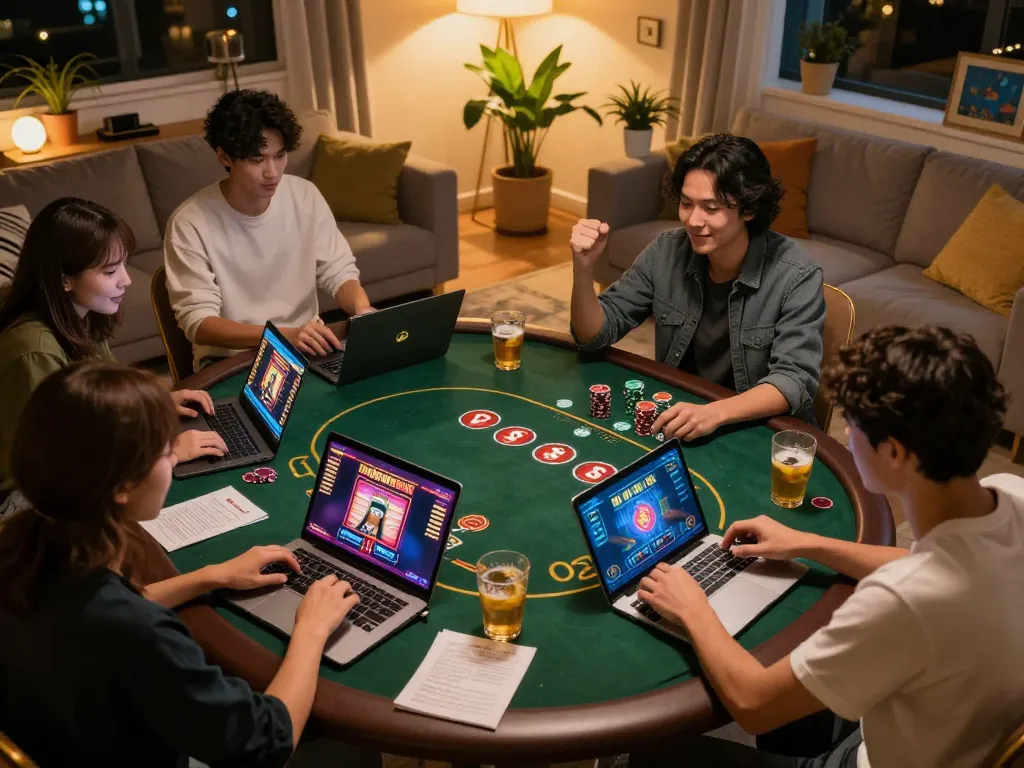 Engaging online gaming session at https://lv88cha.com/ with players enjoying poker, celebrating wins and using strategy notes.