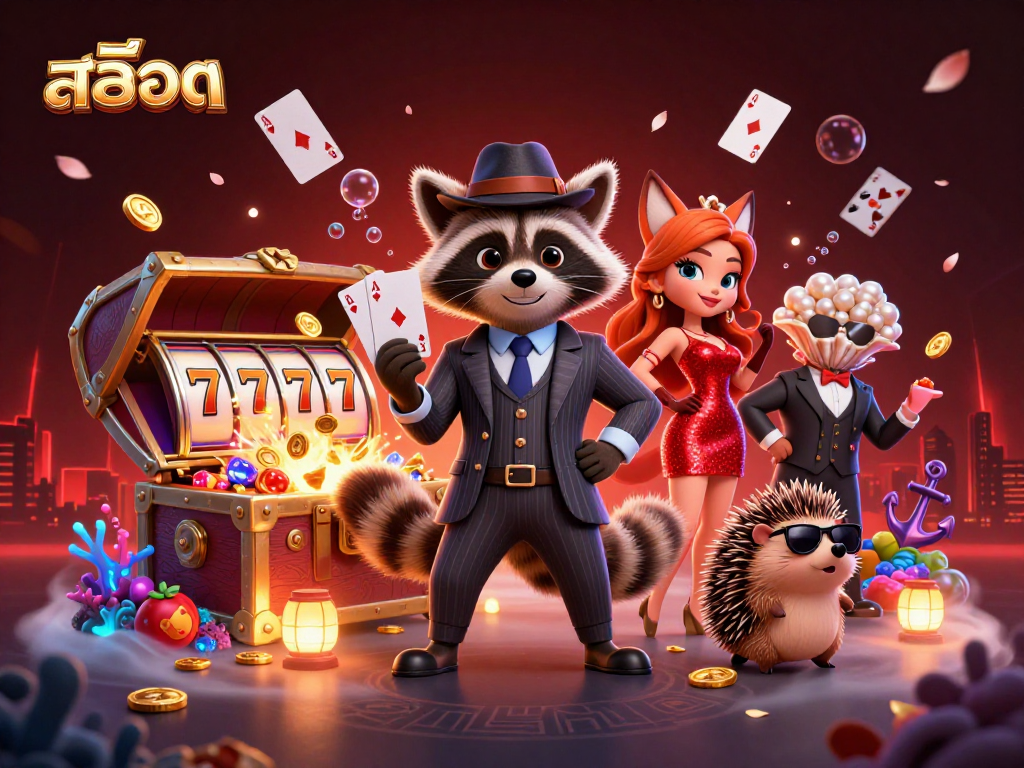 Engaging scene of 3D cartoon characters enjoying สล็อต slots with vibrant casino elements.