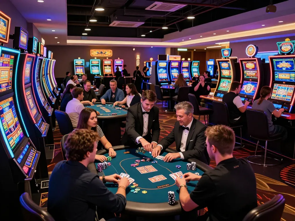 Engaged players at rwin poker tables celebrating wins amidst vibrant casino slots.