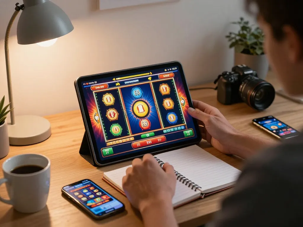 Pemain terlibat dengan slot aman788 di tablet, menampilkan grafik yang hidup dan suasana permainan di rumah.