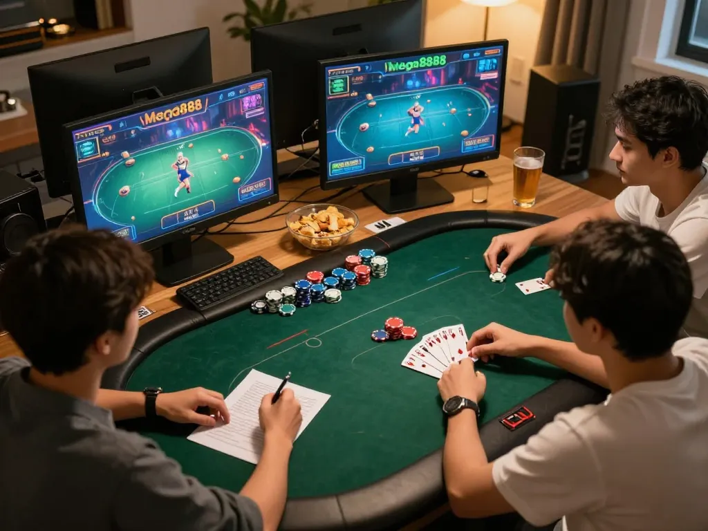 Enjoy an exciting Mega888 experience with friends during an online poker game at home.