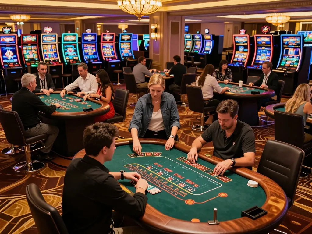 Fly88 players engaged in blackjack strategy on an upscale casino floor, capturing excitement and competitive spirit.
