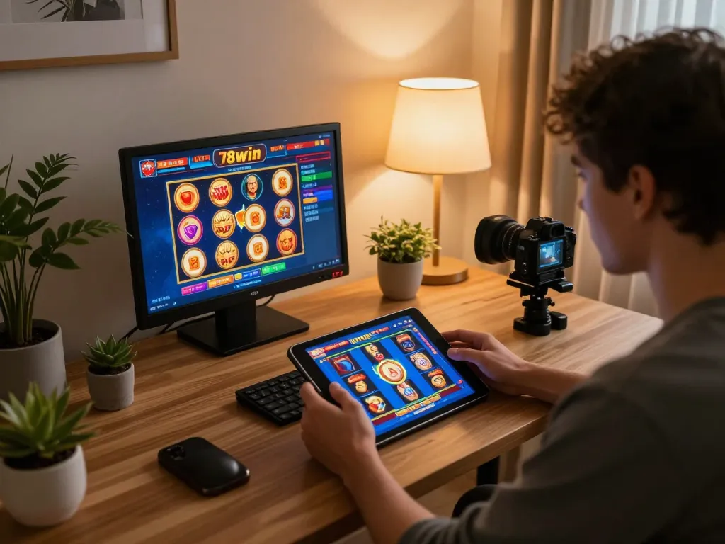 Player engaging in an exciting online casino experience with 78win on a tablet, cozy home setting highlights