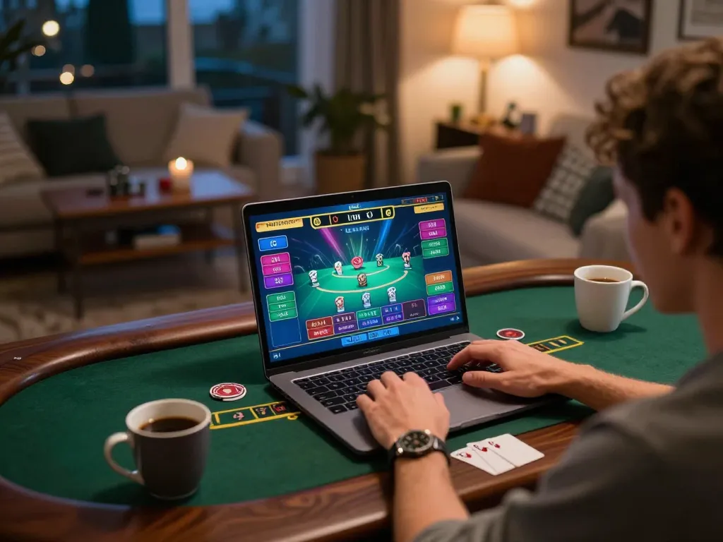Player engaging in a ku win live blackjack game on a laptop in a cozy home setting, showcasing strategic gambling.