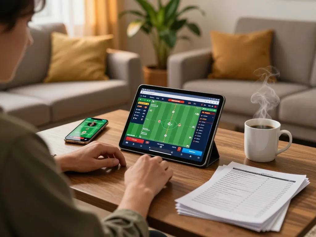 TIP88 user strategizing for sports betting with tablet and notes in a cozy living room.
