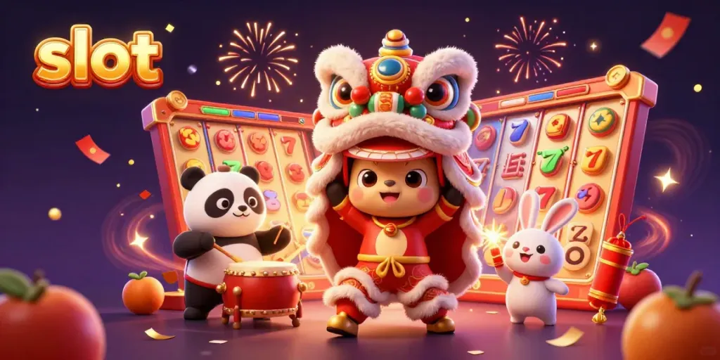 Experience the thrill of slots with our vibrant casino illustration featuring lucky symbols and festive characters.