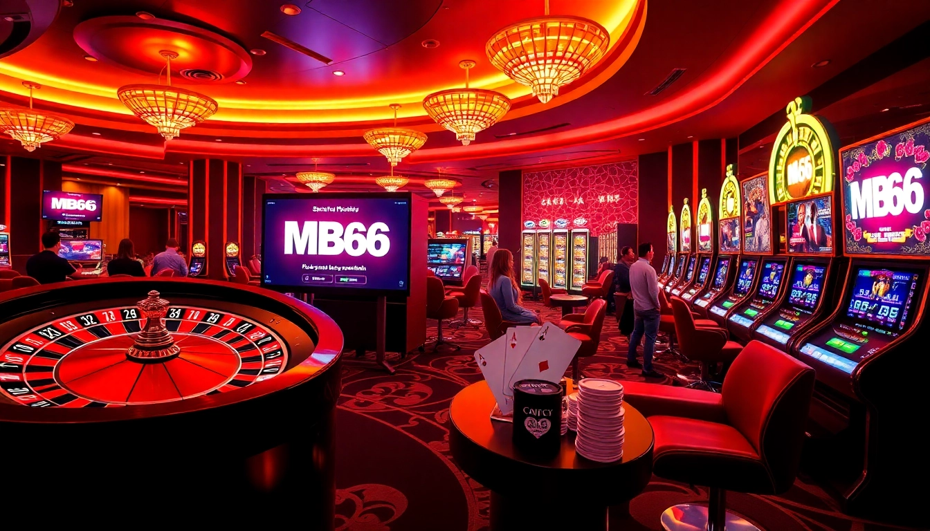 Engaging scene of players enjoying games on the MB66 online casino platform with poker chips and roulette wheels.