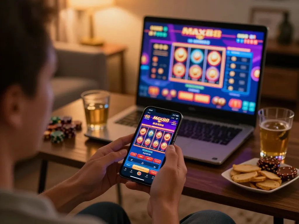 Max88 player enjoying live dealer games on mobile in cozy home setting, showcasing vibrant online gaming