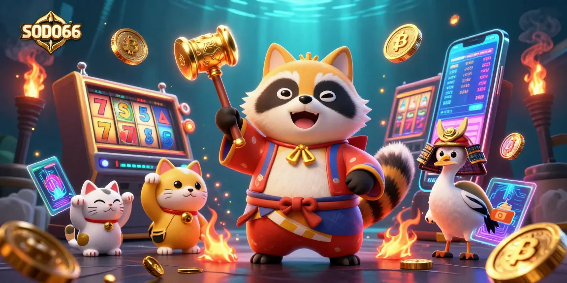 SODO66 promotes fortune with cheerful characters and vibrant casino visuals in a festive atmosphere.