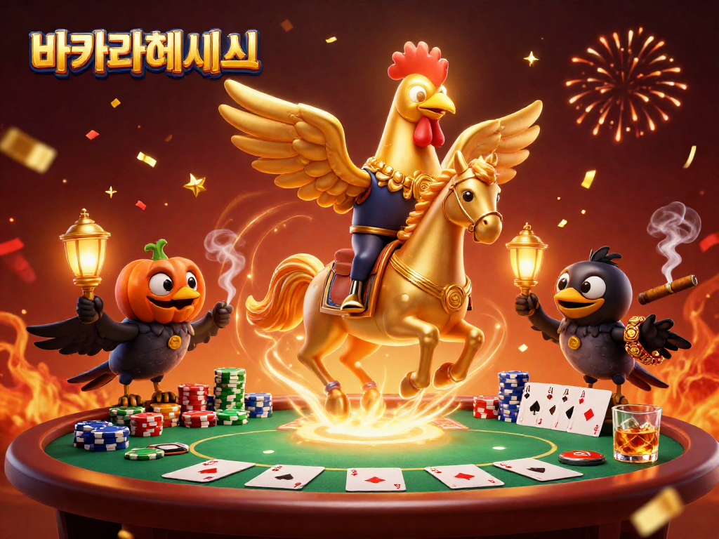 바카라사이트에서 황금 수탉이 호박 머리 까마귀와 함께 카지노를 탐험하는 모습