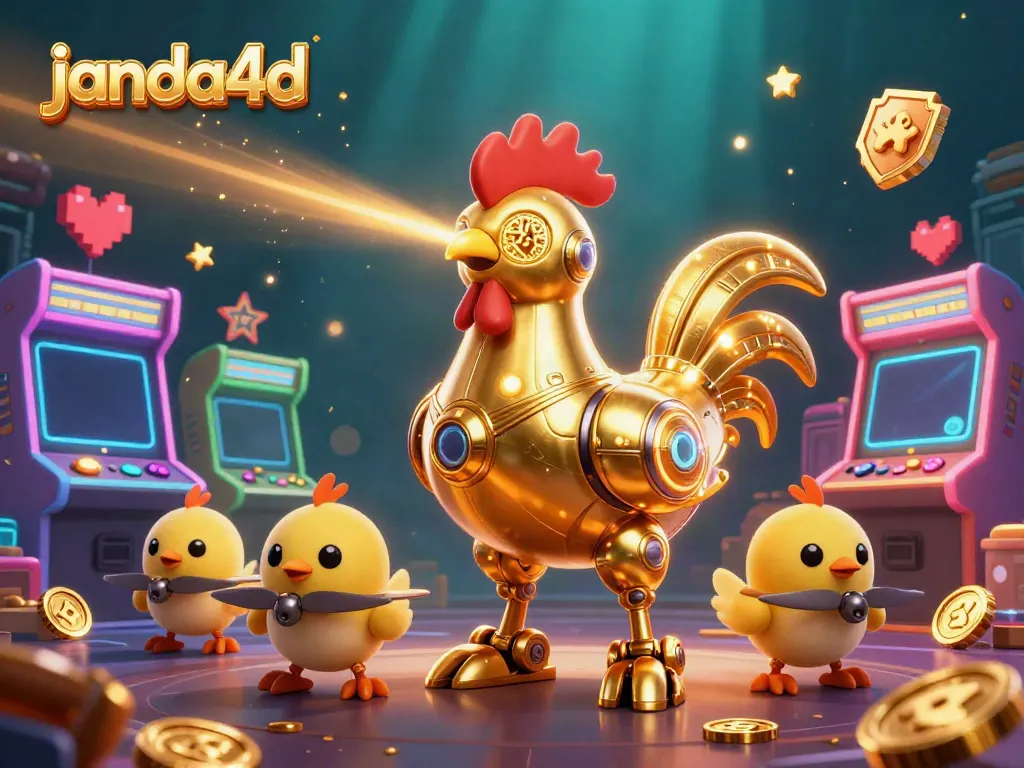 Mengakses permainan menarik di janda4d dengan kombinasi robot ayam dan mesin kasino 3D yang menyenangkan.
