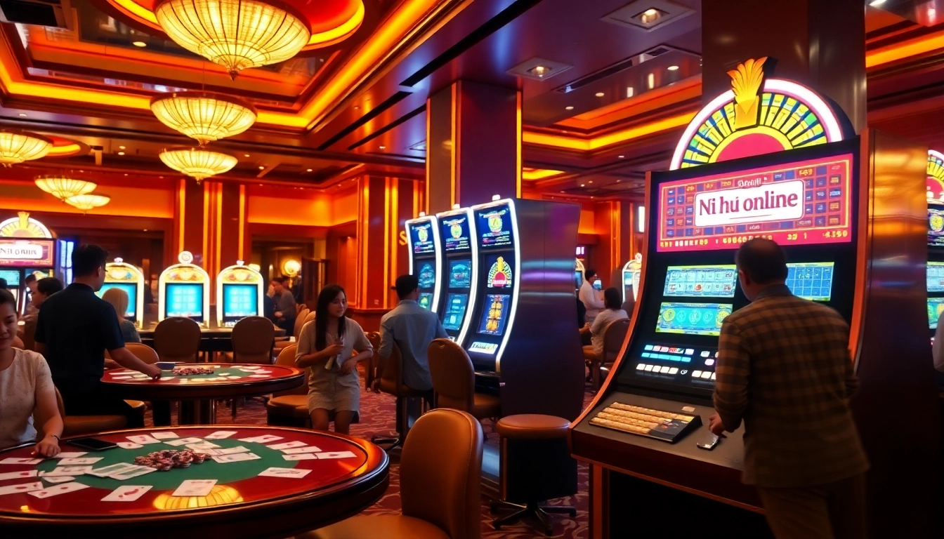 Exciting players experiencing Nổ hũ online action at a luxurious casino with slot machines and tables.