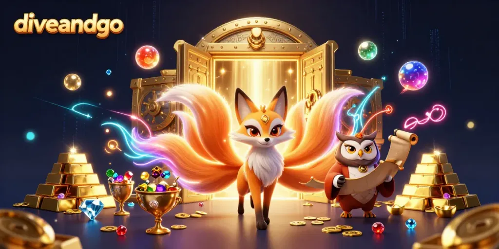 Experience thrilling gaming action with diveandgo as a fox spirit and wise owl enrich the scene with treasure and magic.