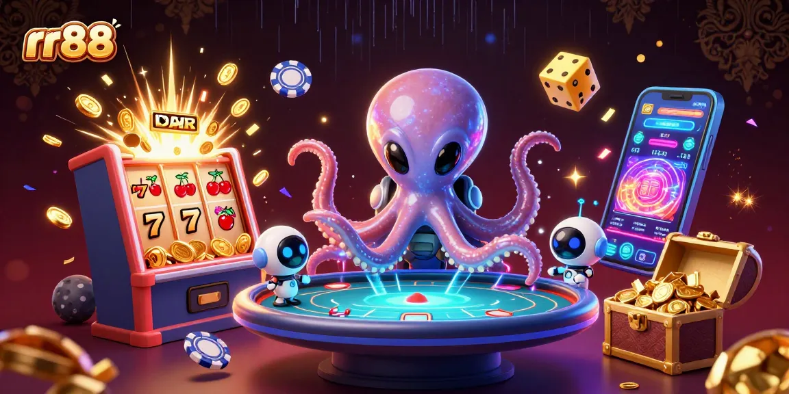 Immerse in exciting adventures with rr88, the alien octopus and robot at a vibrant holographic poker table.