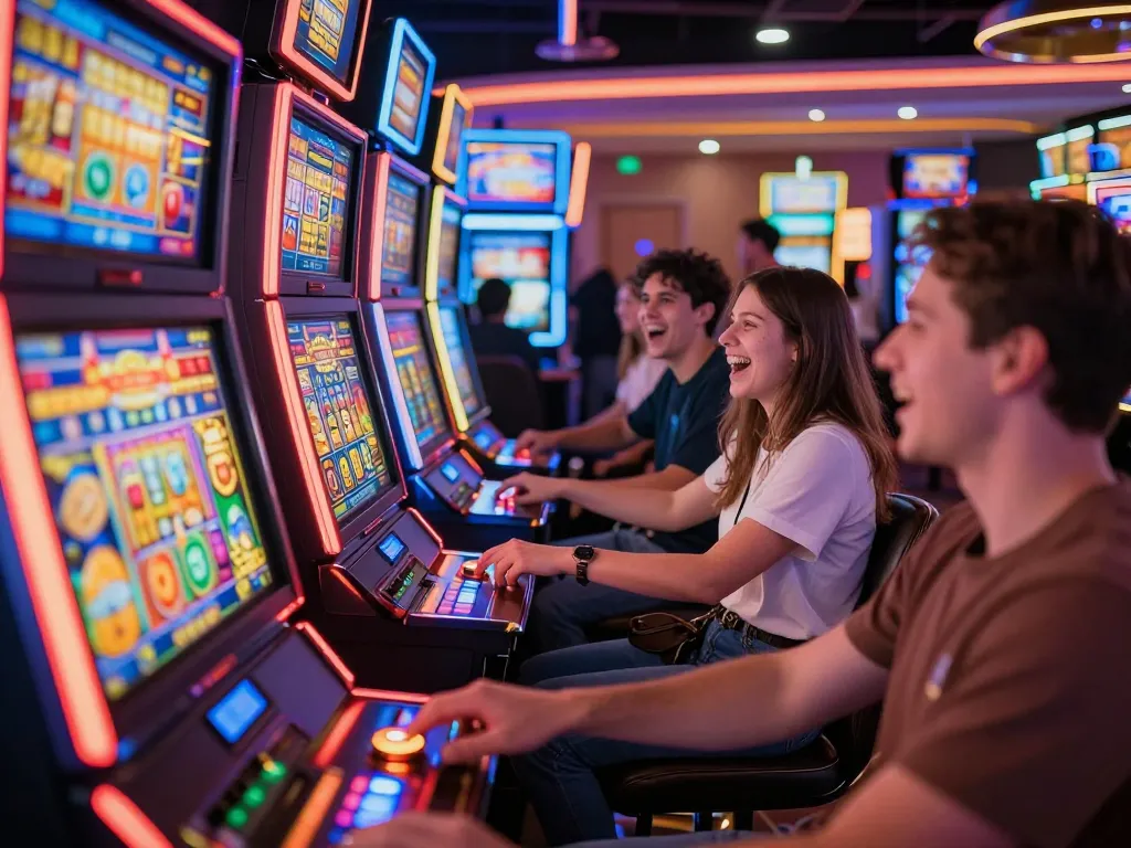 Players enjoying Slot Online by enthusiastically spinning reels on colorful machines in a lively casino