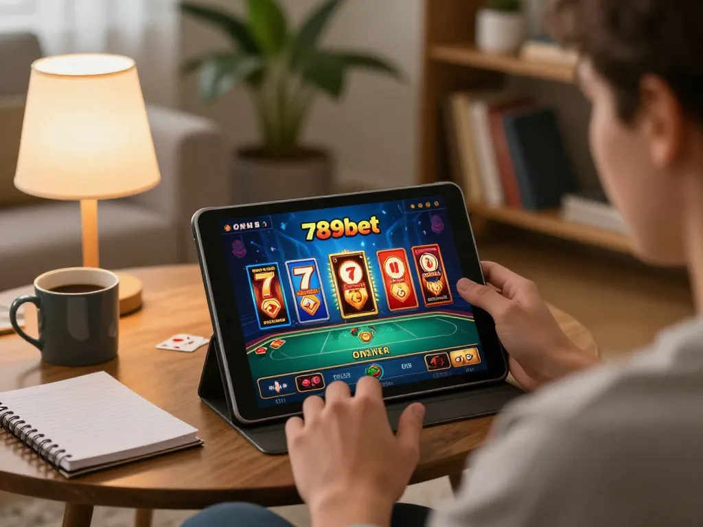 Engaging in online gaming at 789bet on a tablet in a cozy living room.