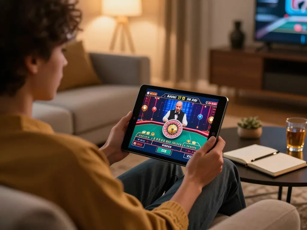 Player enjoying alo8's online casino live roulette game on a tablet in a cozy living room