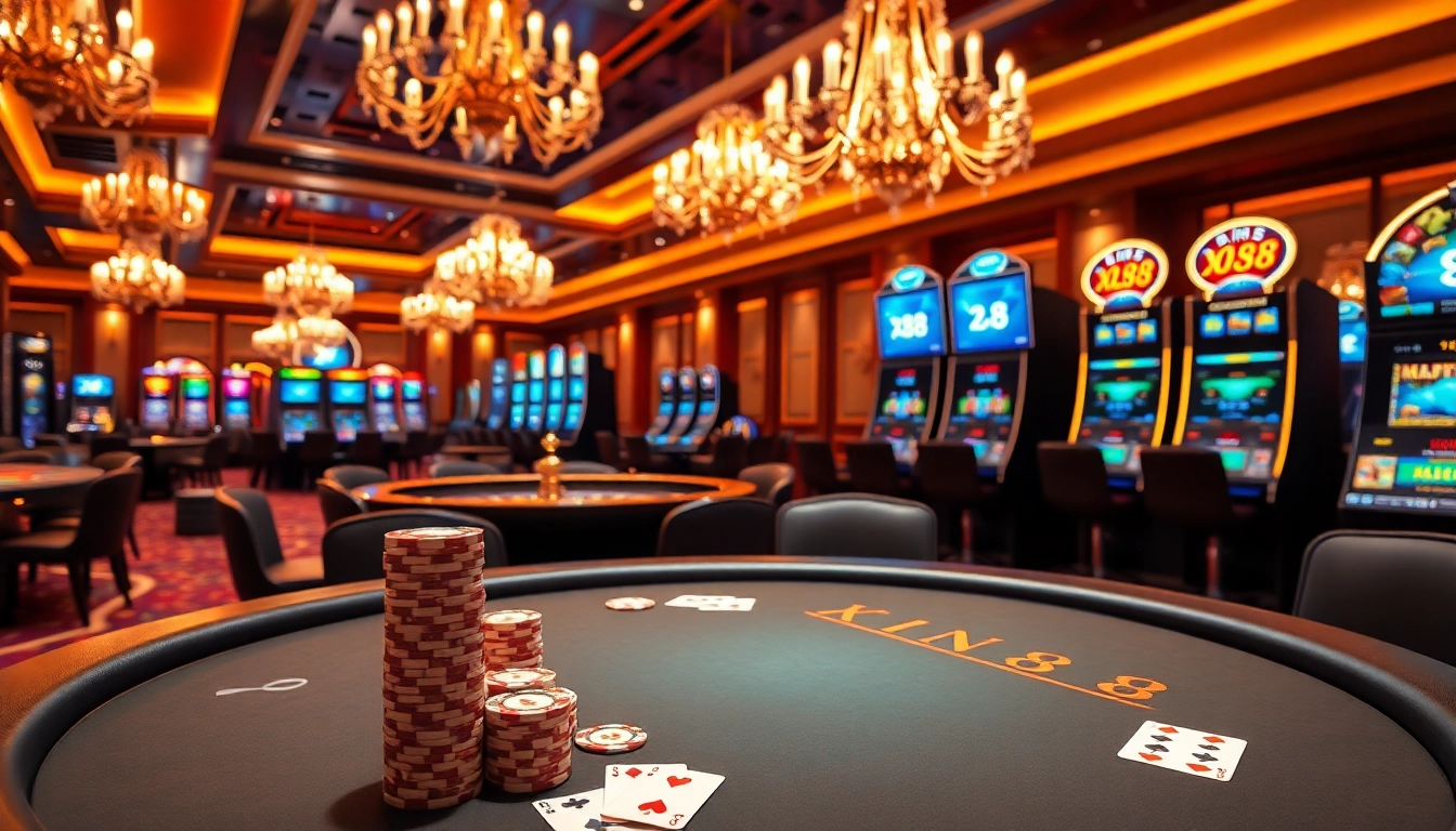 Experience high-stakes gambling with Xin88's vibrant poker table and roulette wheel.