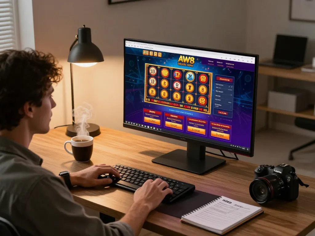 AW8 online casino interface displayed on monitor as player enjoys strategic online gaming moments.